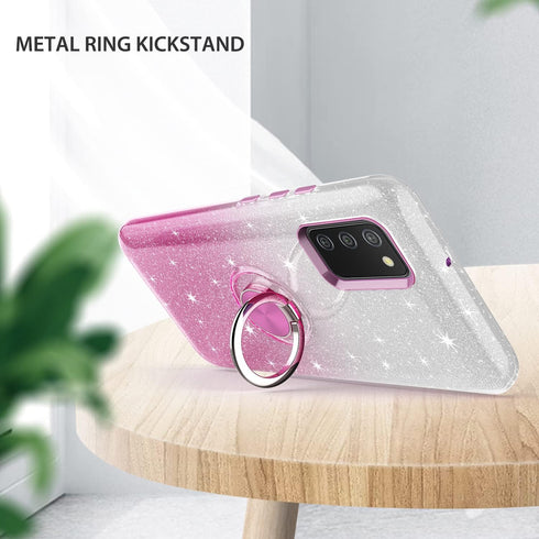 TJS Compatible with Samsung Galaxy A02S Case, with Tempered Glass Screen Protector, Metal Ring Magnetic Support Kickstand Tone Shinny Glitter Girl...