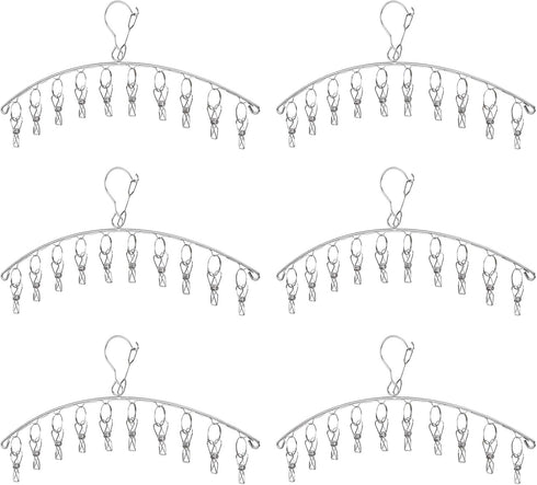 Clothes Hanger with 10 Clips Laundry Drying Rack 6 Pack, Clothes Drying Rack Stainless Steel Sock Hangers Windproof Clip and Drip Hanger for Dryin...