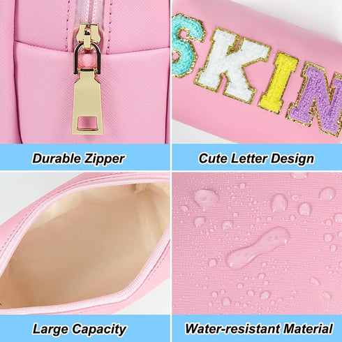 Preppy Makeup Bag, Skin Makeup Bag,Chenille SKIN Letter Cosmetic Bag, PU Leather Skincare Toiletry Bag, Cute Travel Organizer Zipper Makeup Bag fo...