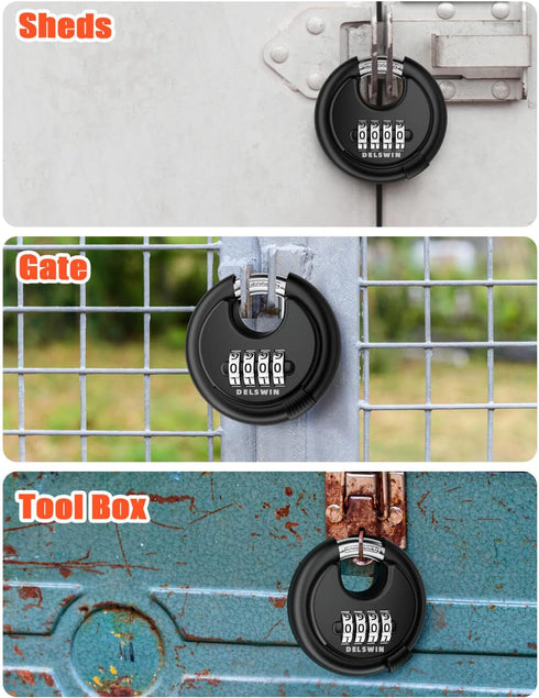 DELSWIN 4 Digit Combination Disc Padlock with Hardened Steel Shackle Combo Lock for Sheds, Storage Unit, School Gym Locker and Fence (Black,1Pcs)...