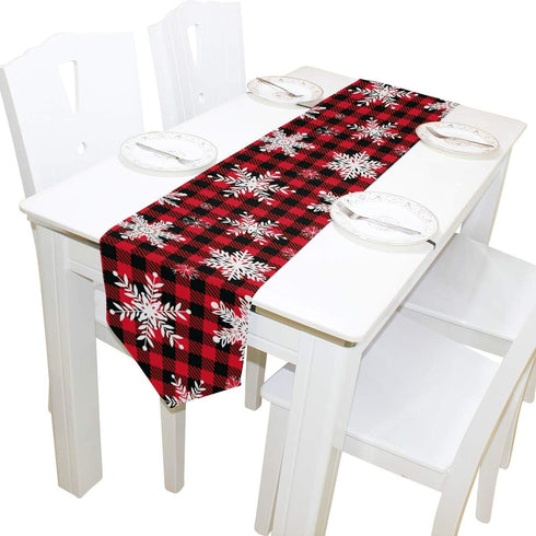 WOOR Double-Sided Snowflakes On Buffalo Plaid Background Christmas Table Runner 13 x 70 Inches Long,Table Cloth Runner for Wedding Party Holiday K...