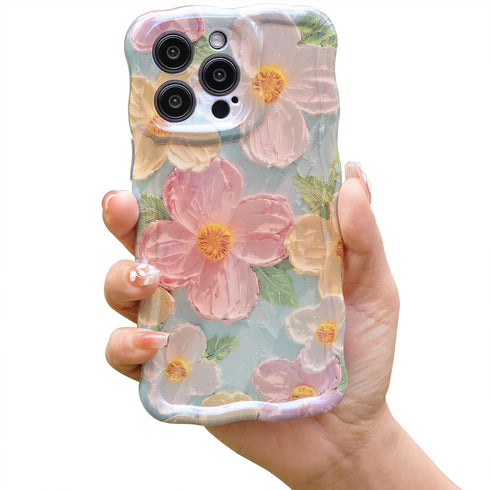 Cute Case for iPhone 12 Pro Max, Colorful Retro Oil Painting Printed Flowers Case, Fashion TPU floral Laser Beam Glossy Pattern Curly Waves Frame ...