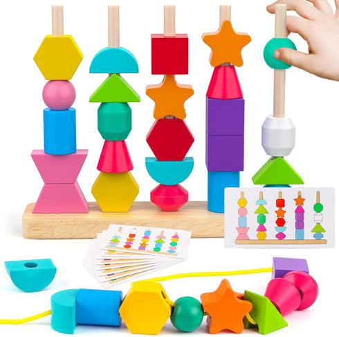 Montessori Wooden Beads Sequencing Toy Set, Stacking Blocks & Lacing Beads & Matching Shape Stacker for 2 3 4 5 Year Old STEM Preschool Learning M...