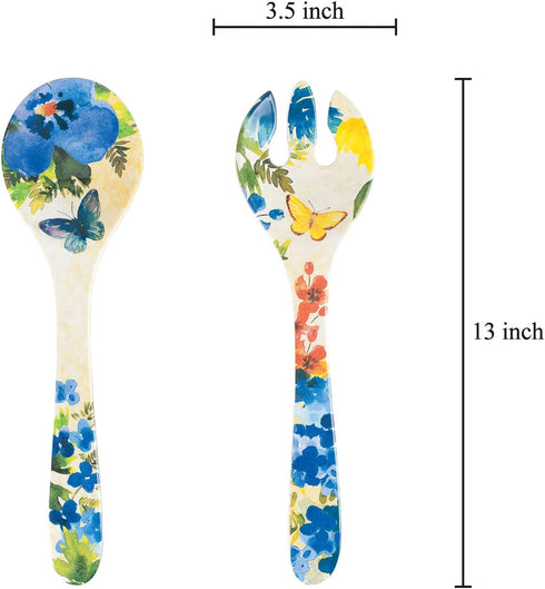 UPware 2-Piece 13 Inch Melamine Salad Server Serving Utensil Set Includes Salad Spoon and Salad Fork (Butterfly Floral)...