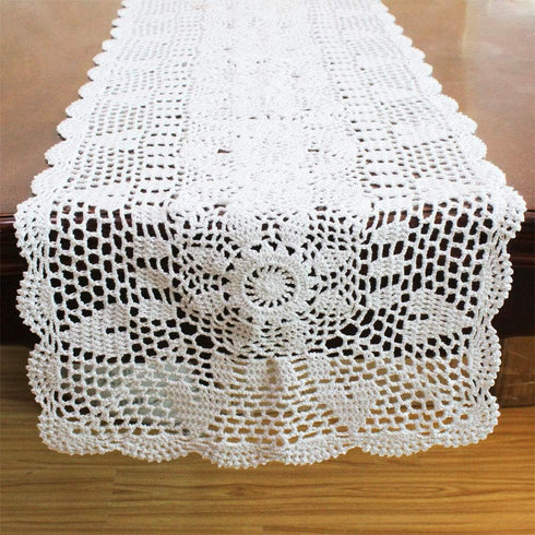 KEPSWET Sunflower Rectangle Handmade Crochet Lace Table Runner Floral Wedding Decoration (14x60 inch, Beige)...