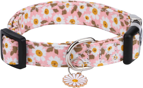 Cotton Dog Collar for Small Medium Large Dogs,Girl Dog Collar with Quick-Release Buckle,Flowers Soft Adjustable Pet Collar (Large, Pink Daisy)...