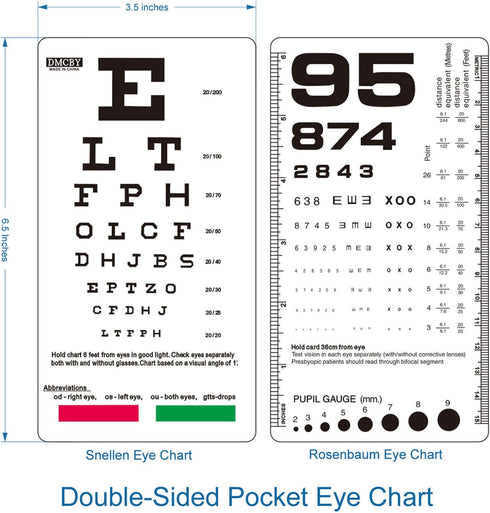 Pocket Eye Chart, Double-Sided Pocket Snellen Eye Chart 6 Feet and Rosenbaum Pocket Eye Chart 36cm, Plastic Eye Chart for Eye Exams 6.5x3.5 Inches...