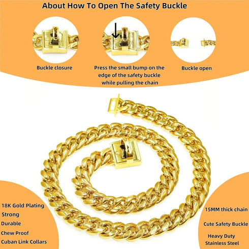 Heavy Duty Cuban Link Chain Dog Collars 15MM Gold/Silver Stainless Steel Metal Walking Training Collars with Cute Secure Design Buckle, Chew Proof...