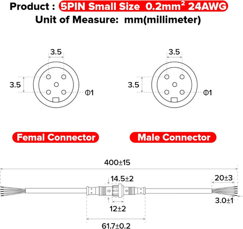 BTF-LIGHTING 5 Pin Electrical Connector 24AWG IP65 Male Female Connector 7.87in/20cm Extension Cable for Car,Truck,Boat,Indoor/Outdoor LED Strip L...