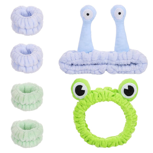 2pcs Skincare Headbands & 4pcs Spa Wristbands, Frog Headband & Snail Headband Puffy Makeup Headband Cartoon Face Wash Head Band Flannel Elastic Ha...