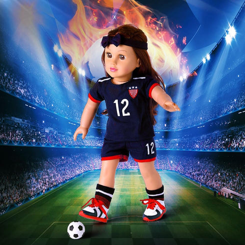 18-inch Girl Doll Clothes Accessories - Team USA 6 Piece Soccer Uniform Clothing Includes Headband,Shirt,Shorts, Socks,Shoes and Football Fits 18"...