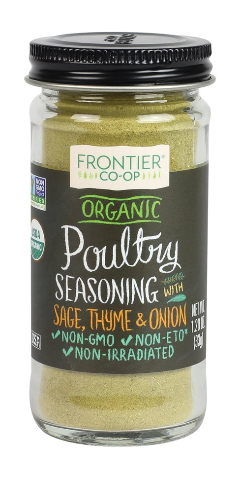 Frontier Co-op Organic Poultry Seasoning, 1.2-Ounce Jar, Sage, Thyme & Onion For Chicken, Sausage, Gravy & Stuffing, Kosher...