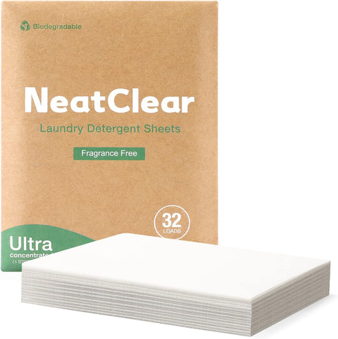 Eco Laundry Detergent Sheets - Travel Size Liquidless Soap Sheets - Fragrance Free (32 Loads) - Plastic Free Laundry Strips Eco Friendly NeatClear...
