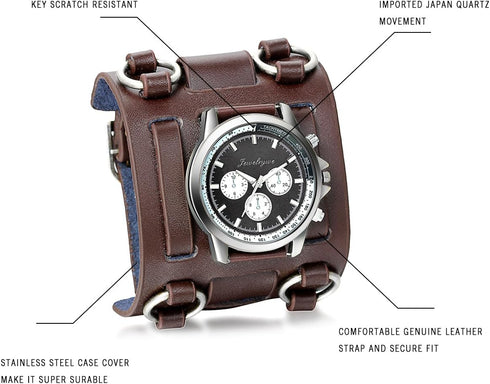 JewelryWe Black Brown Hip-hop Gothic Punk Style Men Watch Wide Leather Fashion Cuff Wristwatch...