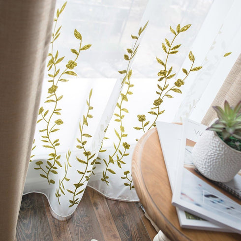 Melodieux Flower Embroidery Sheer Curtain for Living Room Bedroom, Farmhouse Style Rod Pocket Voile Drape, White/Green, 52 by 84 Inch (1 Panel)...
