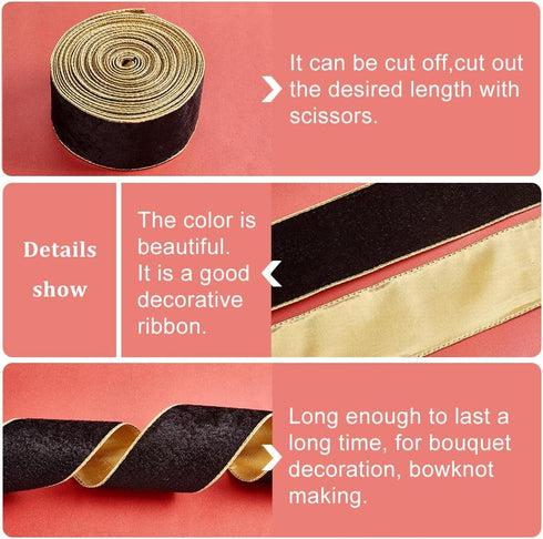 OLYCRAFT 10 Yards Velvet Wired Ribbon 2.5 Inch Black Gold Soft Velvet Ribbon Wired Black Flat Cotton Ribbons with Gold Backing for Gift Wrapping D...