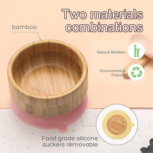 Baby Bamboo Bowls with Suction and Matching Spoon Set - 2PC Feeding Supplies Set for Infant, Toddlers - Detachable Silicone Suction Stay Put Base ...