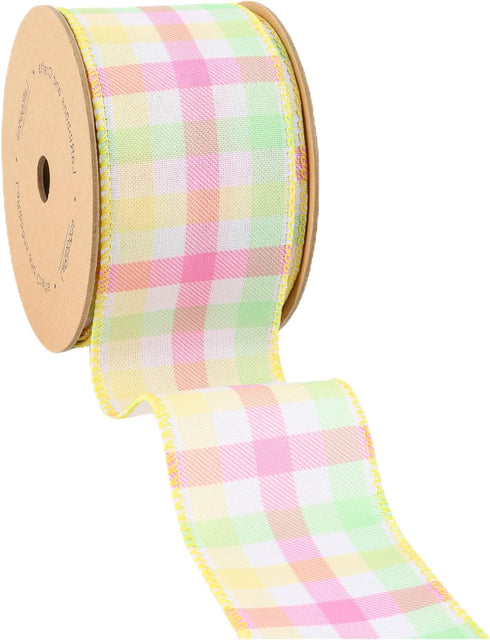 LaRibbons Wired Ribbon White Pastel Plaid Green Yellow Pink Spring DIY Decorative Wrapping Ribbon for Bows for Birthday Wedding Bridal Party Easte...