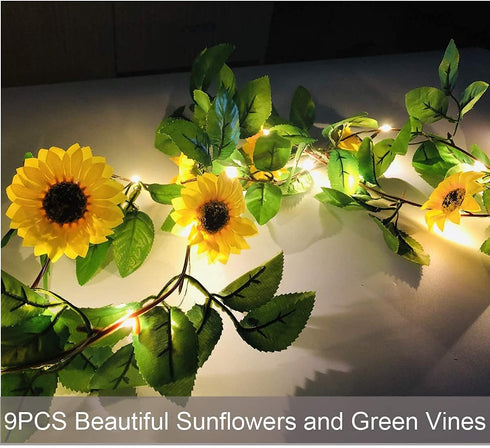 Fielegen 20 LED Artificial Sunflower Garland String Lights, 6.56ft Silk Sunflower Vines with 9 Flower Heads Battery Powered Fairy String Lights fo...