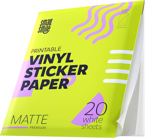 Premium Printable Vinyl Sticker Paper for Inkjet Printer and Laser - 20 White Matte Sticker Paper Waterproof - Durability Adhesive Paper 8.5 x 11,...