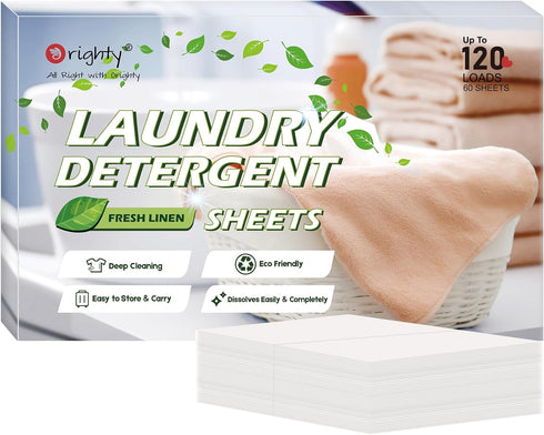 Orighty Laundry Detergent Sheets, 60 Count, Fresh Linen Scent, Eco-Friendly, Hypoallergenic, Portable, No Plastic Jug, 120 Loads...