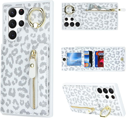 Samsung Galaxy S22 Ultra Case with Card Holder for Women, Samsung Galaxy S22 Ultra Phone Case Wallet with Credit Card with Ring Kickstand Zipper S...