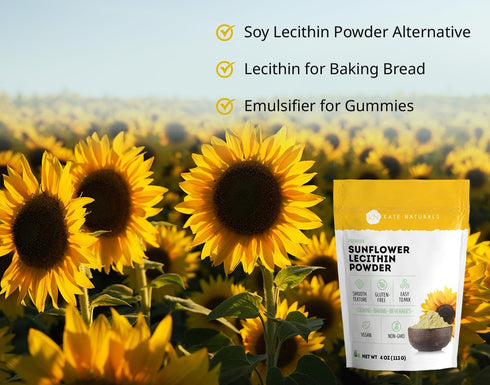 Kate Naturals Sunflower Lecithin Powder for Baking Bread, Gummies, Cooking (4oz) 100% Natural, Gluten Free, Non-GMO Substitute for Lecithin Powder...