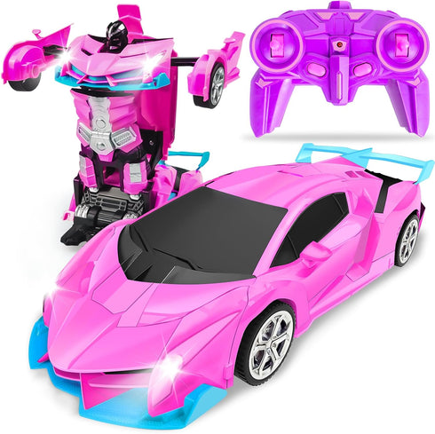 RC Cars, Pink Remote Control Car Toys for 3 4 5 6 7 8 -12 Year Old Girls, 2.4Ghz Transformation Robot RC Cars with Headlight& One-Button Deformati...