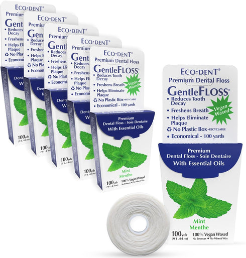 Eco-Dent GentleFloss Dental Floss, Waxed, Mint - Floss with Vegan Plant-Based Wax, Recyclable Cardboard Packaging, 100 Yds Ea (Pack of 6)...