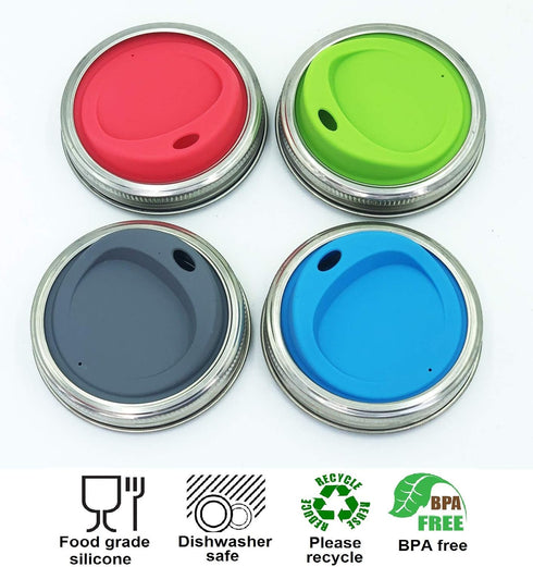 Reusable Food Grade and BPA Free Silicone Sip Coffee Juice Drinking Lid Kit with Stainless Steel Rings for Mason, Ball, Canning Jars, Pack of 4 Se...