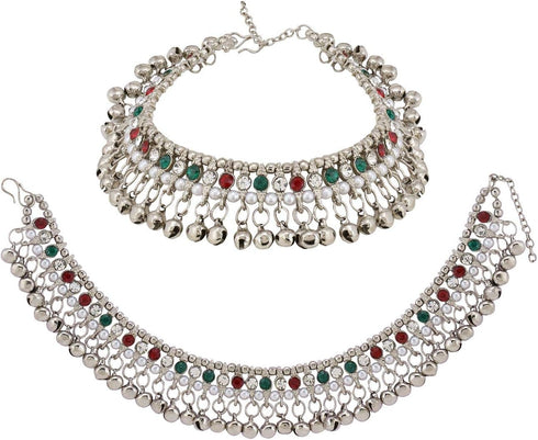 Efulgenz Indian Silver Tone Anklets Indian Jewelry Anklet Sets for Women Bollywood Crystal Faux Pearl Ghungroo Bell Anklets Wedding Bridal Anklet ...
