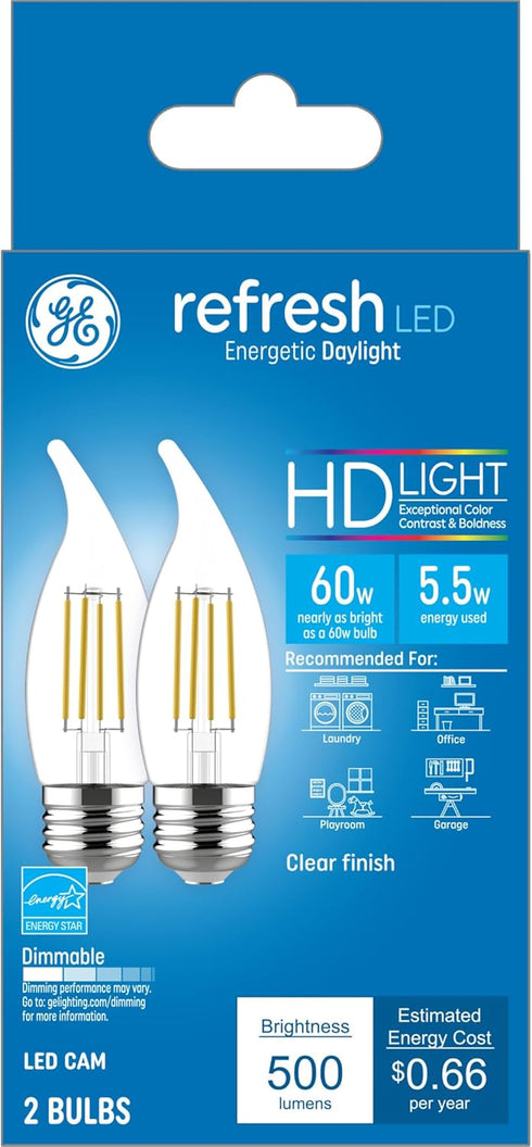 GE Refresh LED Light Bulbs, 60 Watt Eqv, Daylight, Decorative Clear Bulbs, Medium Base (2 Pack)...