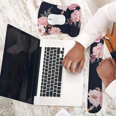 MOSISO Wrist Rest Support for Mouse Pad & Keyboard Set, Peony Ergonomic Mousepad Non-Slip Base Home/Office Pain Relief & Easy Typing Cushion with ...