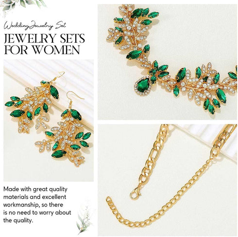 Aukmla Green Crystal Bridal Jewelry Set Gold Rhinestones Wedding Necklaces Earrings Sets Pearl Prom Costume Jewelry for Women and Brides...