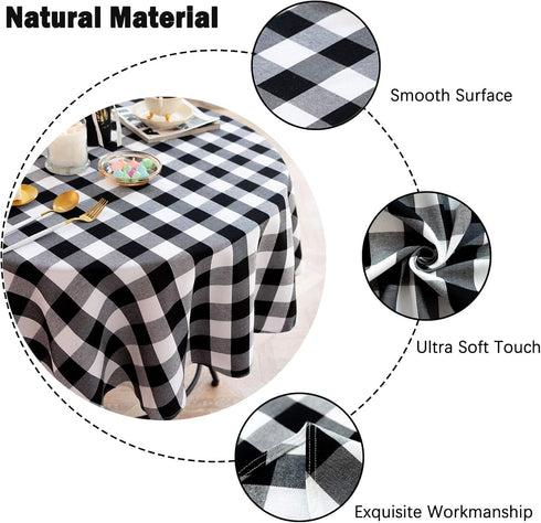 Buffalo Plaid Round Tablecloth Checkered Cotton Linen Table Cover for Kitchen Dining Room Home Decor ( Round - 48 Inch, White & Black )...