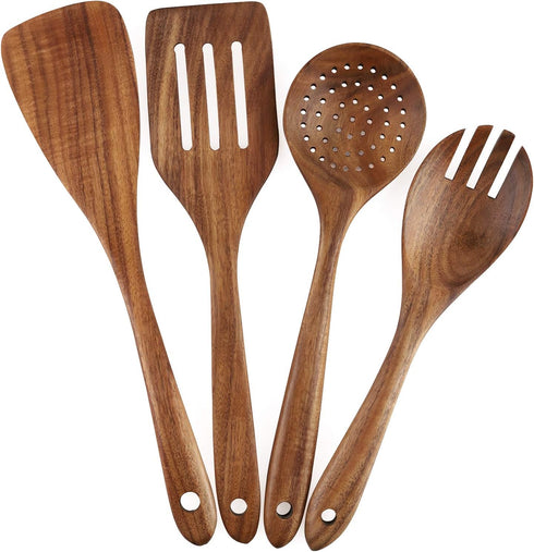 Wooden Cooking Utensils Set 4-Piece Wood Kitchen Utensil Set for Non Stick Cookware Wooden Spatula,Fork,Turner,Ladle,Strainer Spoons...