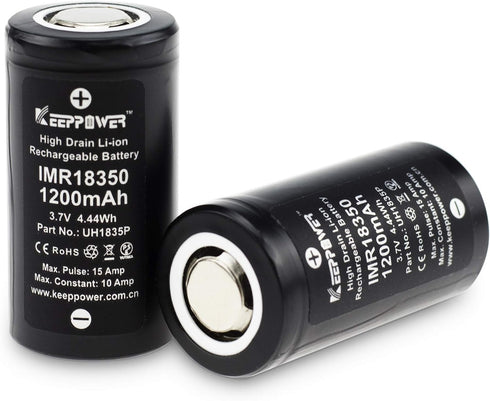 Keeppower IMR18350 High Drain Li-ion Battery Flat Top Rechargeable 1200mAh 10A Discharge 3.7V Lithium Battery (Pack of 2)...