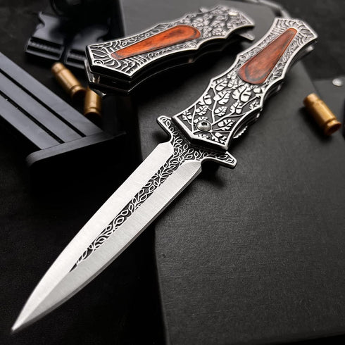 Leaf Patterned Wood Handle Japanese Pocket Knife with Clip, 8.9" Tactical Survival Folding Knife for Outdoor Camping, Hunting, EDC, Fishing, Gifts...