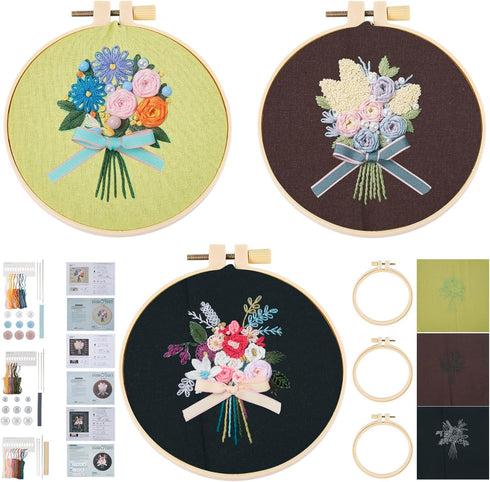 Spritewelry 3 Sets Embroidery Start Kit for Beginners Stamped Cross Stitch Sets with Pattern and Instructions with Embroidery Hoops Threads Needle...