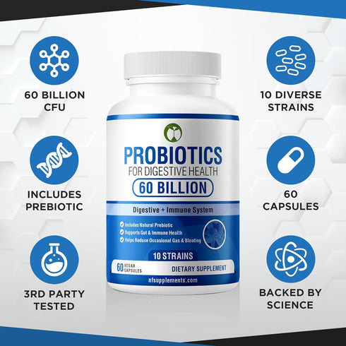Probiotics for Digestive Health 60 Capsules | 60 Billion CFU Scientifically Formulated Multi Strain Probiotic Blend | Organic Supplements with Pre...