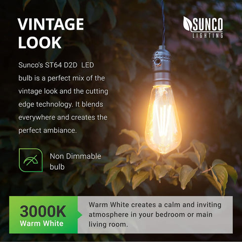 Sunco Lighting - 4 Pack Dusk to Dawn Light Bulbs LED Edison 3000K Warm White, CRI90 7W Equivalent 60W, Vintage Style ST64 Extra Bright Automatic B...