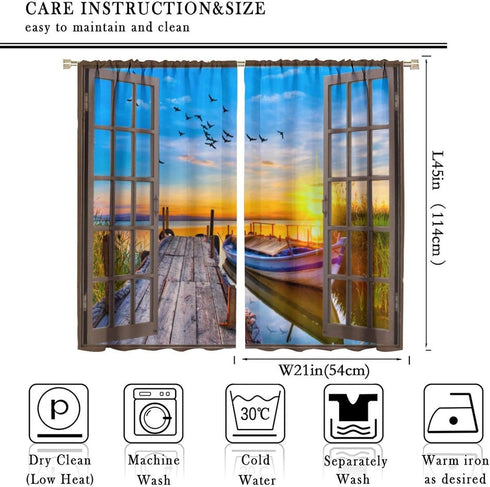 Lakeside Landscape Curtains, Rustic Style Bridge Boat Lake Nature 3D Landscape Scenery Prints Window Treatments Drapes for Bedroom Living Room 2-P...