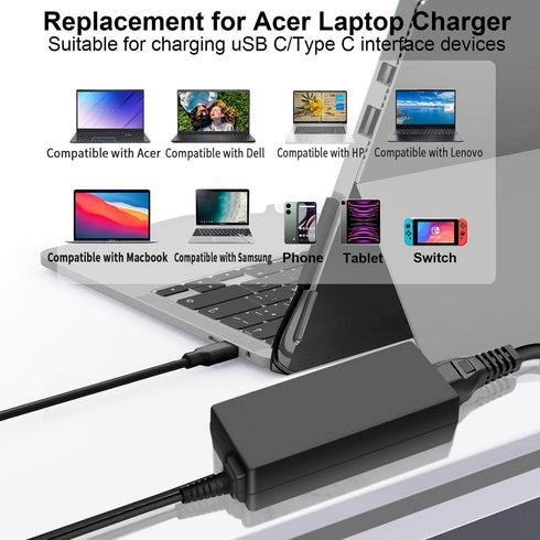 45W USB C Laptop Charger for Acer Chromebook R13 11 13 15 311 315 CP311 CP713 C933 CB5-312T R751T SF713 SP714 N17Q5 N17P6 N16Q10 N16Q14 N16Q12 N18...