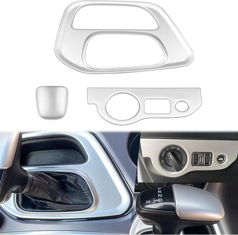Gear Shift Panel Cover Trim &Gear Shift Knob Cover & Headlight Switches Button Cover Trim Compatible for Dodge Challenger 2015 up, ABS 3pcs(Silver...