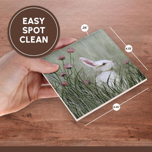 3dRose CST_44349_3 Side View of Bunny Rabbit in Tall Grass with Pink Wildflowers-Ceramic Tile Coasters, Set of 4...