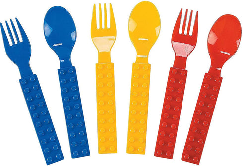 Brick Party Fork & Spoon Utensils Silverware Set - 16 pieces- Brick and Building Block Birthday Party Supplies...