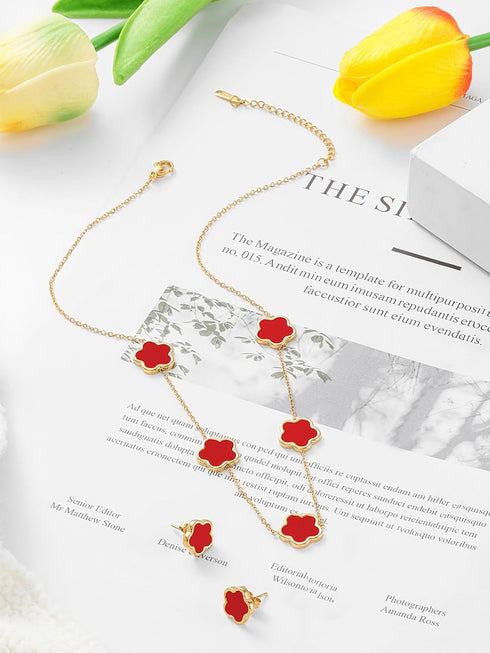 Four Leaf Clover Necklace and Stud Earrings Set for Women Lucky Flower 14K Gold Jewelry...
