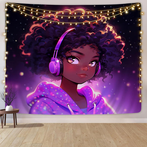 SARA NELL Tapestry Black Girl African American Girl Love Music Tapestries Hippie Art Wall Hanging Throw Tablecloth 50X60 Inches for Bedroom Living...