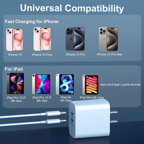 Fast Charger for iPhone 15 Pro Max Charger, 20W Dual Port USB C Fast Charger Block with 10FT Long USB C to C Charging Cable Cord for iPhone 15 Pro...