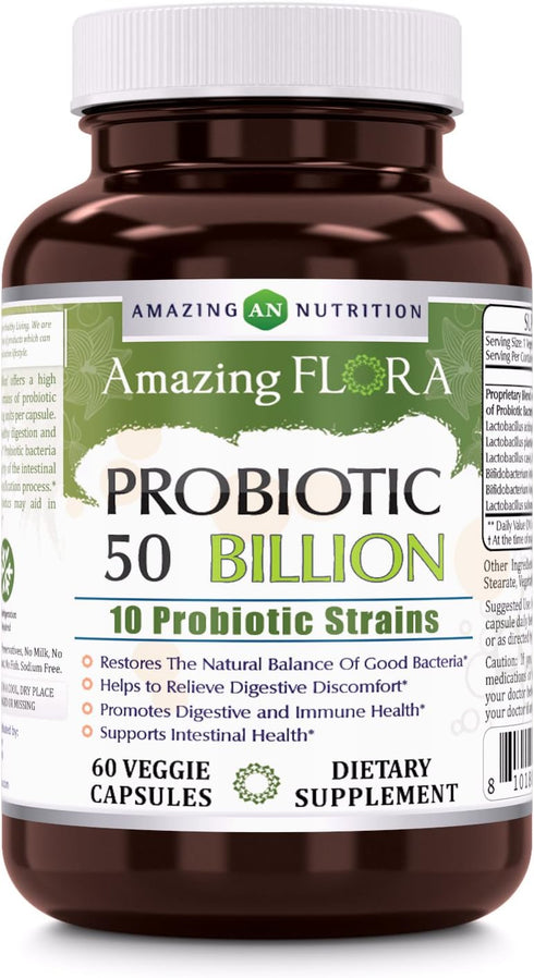 Amazing Flora Probiotic 50 Billion with 10 Best Probiotics Strains Including Acidophilus, plantarum, rhamnosus etc * Supports Digestive & Immune H...